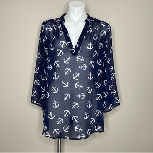 Rue21 Navy Anchor Print Tunic Blouse Long or Rolled Sleeves